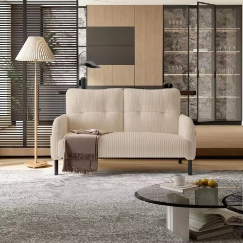 47 Loveseat Sofa Small Couches for Small Spaces Comfy Corduroy Solid Wood Frame Modern Deep Seat 2 Seater Couch with Side Pockets for Bedroom Living Room Apartment Office (Beige)
