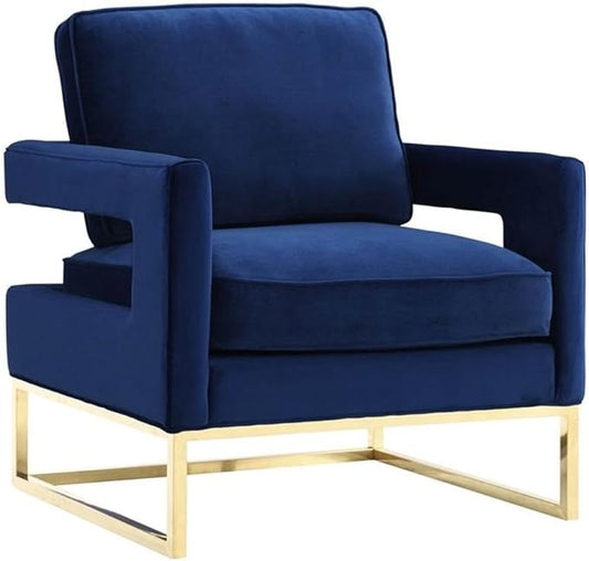 TOV Furniture The Avery Collection Modern Style Living Room Den Leather Upholstered Armchair with Gold Legs Navy