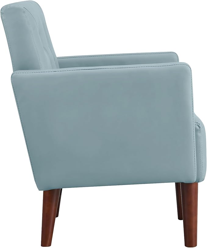 Accent Chairs Leather Accent Chair Modern Upholstered Living Room Chair Cozy Armchair Button Tufted Back and Wood Legs for Bedroom Office Cafe (Sky Blue)