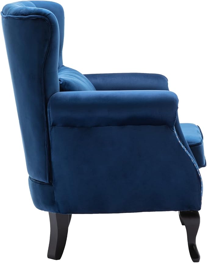 Kmax Velvet Tufted Accent Chair Mid Century Throne Chair Comfy Sofa Chair Padded Seating WingBack Unique Wood Legs Home Club Bedroom Living Room Blue
