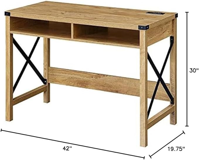 Pemberly Row 42-Inch Home Office Desk with Charging Station Light English Oak Wood Finish Black Metal Frame Built-in USB Ports and Outlets Durable Particleboard Construction Industrial Style