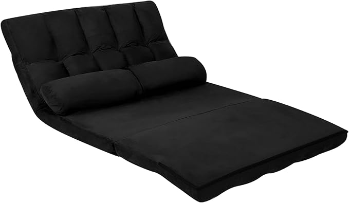 COSTWAY Floor Sofa Couch with 2 Pillows Foldable 6-Position Adjustable Lazy Sofa Bed Sleeper with Metal Frame Soft Suede Fabric Gaming Playing Lounge Recliner for Adults (Black)