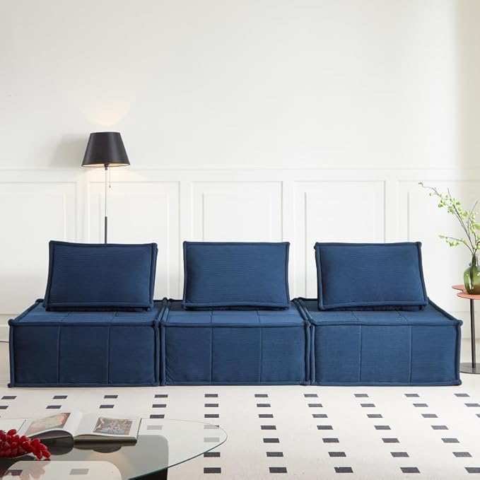 PurrJoys Modular Sectional Sofa 3-Piece 105 Deep Seat Corduroy Lounge Sofa with Movable Cushions Modular Couch for Small Spaces Living Room Bedroom Apartment Office - Blue