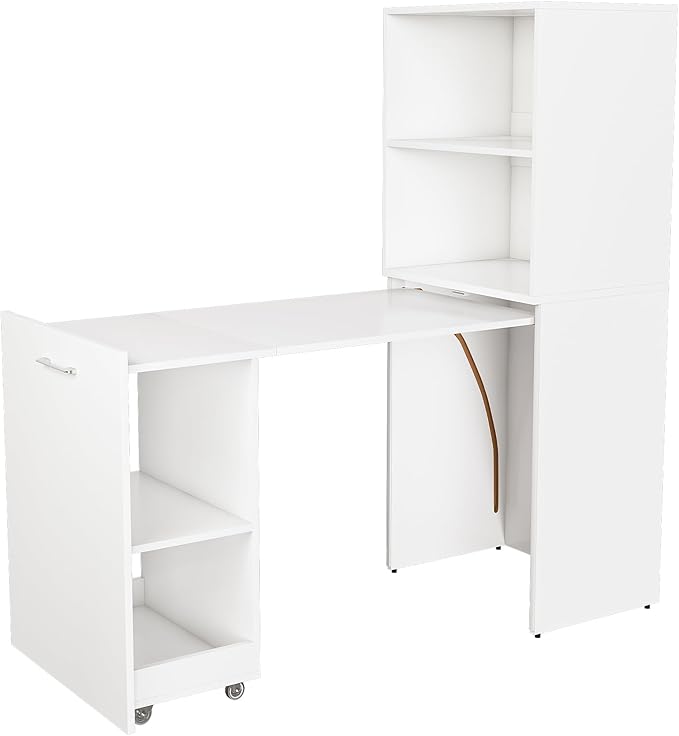 49.6 Foldable Desk with Storage Shelves Fold Out Convertible Hidden Murphy Computer Desk Multi-Function Folding Writing Table for Small Spaces Apartment (White)