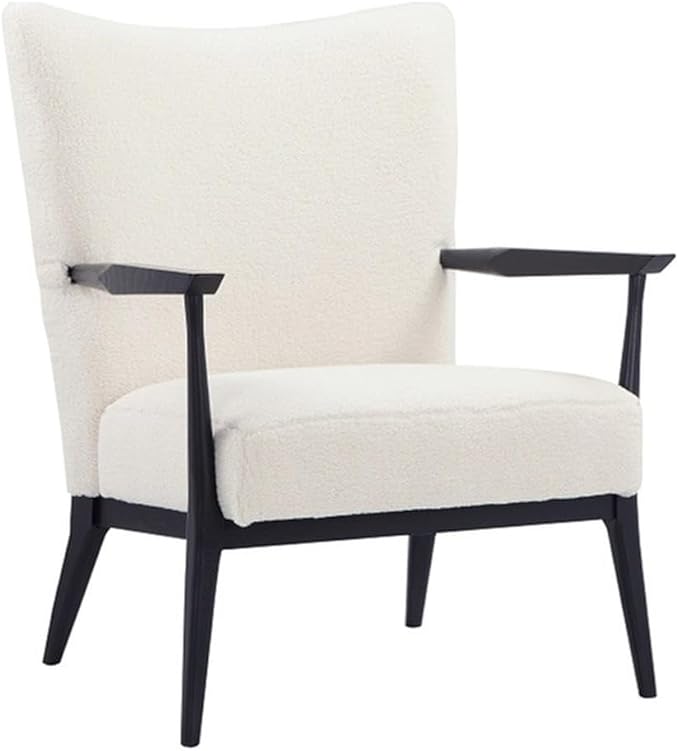 Pemberly Row Contemporary Lounge Chair Boucle Fabric White Finish Modern Arm Chair Black Metal Frame 18 Seat Height Minimalist Design for Living Room Nursery or Accent Seating