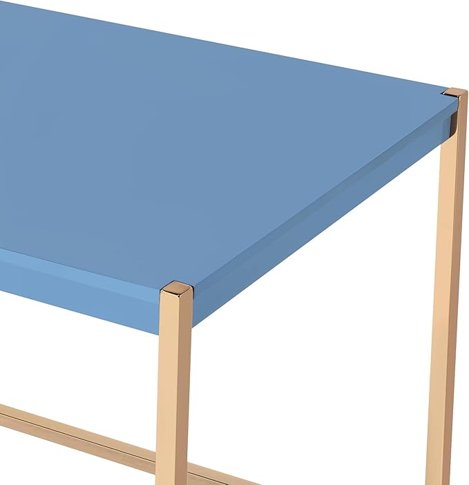 Penau Navy Blue and Gold Writing Desk Modern Office Desk with USB Ports Glossy Finish Rectangular Design 42.5In x 20.5In