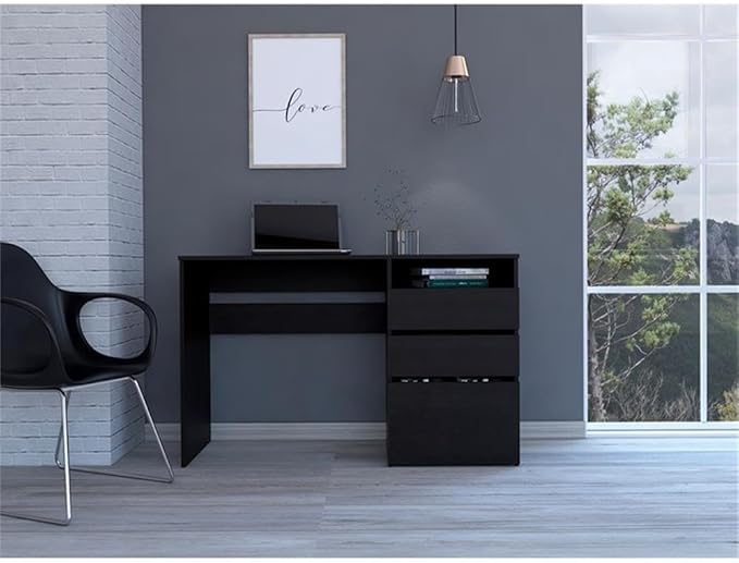 Pemberly Row Computer Desk 47.4 Wx17.1 Dx29.5 H Engineered Wood Black Finish 3 Drawer Design with Cubby Space Compact Modern Style Home Office Desk for Workspace Storage