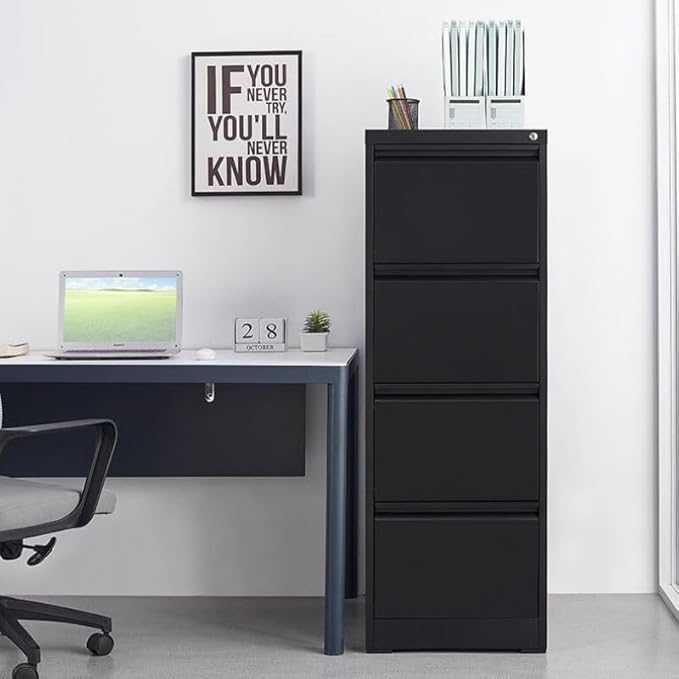 4 Drawer File Cabinet with LockMetal Vertical Filing Storage Cabinet Organizer for Home Office Under Desk Small Locking DrawersAssembly RequiredBlack