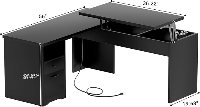 Unikito L Shaped Desk with Lift Top and Drawers Large Office Desk with Power Outlets and USB Charging Ports Sturdy Corner Computer Desk Writing Table with Storage L Shape Standing Desk Black