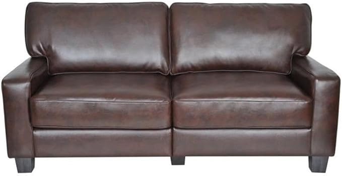 Pemberly Row Contemporary Faux Leather Sofa 73-in Wide in Chestnut Brown Pillow Back Design with Straight Arms Sturdy Hardwood Frame Ideal for Small Apartments Offices or Living Rooms
