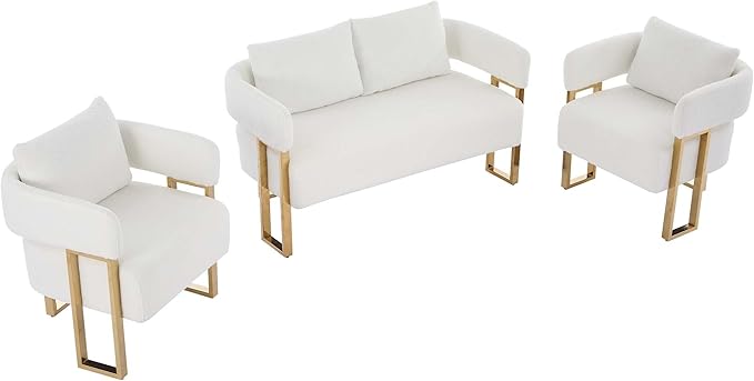 Teddy Fabric Accent Chair Modern Side Chair with Gold Metal Legs 51 Inch Wide Upholstered Loveseat for Living Room Dressing Area Office (White+Gold)