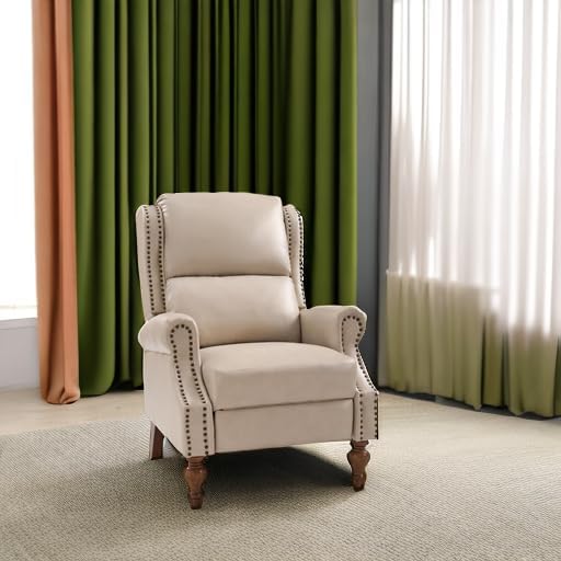 Pushback Recliner Chair Mid Century Modern Upholstered Faux Leather Recliner Single Sofa Accent Chair with Wood Legs and Rivet Decoration for Living Room Bedroom Beige
