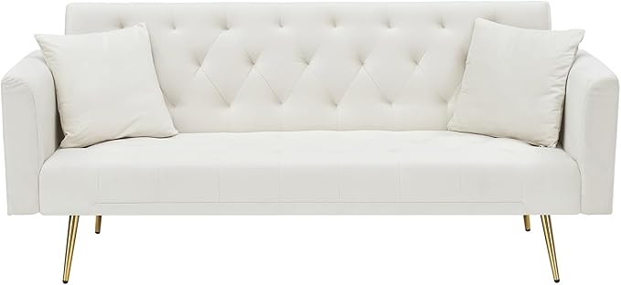 71 Modern Velvet Sofa Bed Futon Convertible Sleeper Couch with Adjustable Backrest Tufted Recliner Loveseat with Golden Chrome Legs &amp 2 Pillows for Small Spaces Living Room Apartment (Beige)