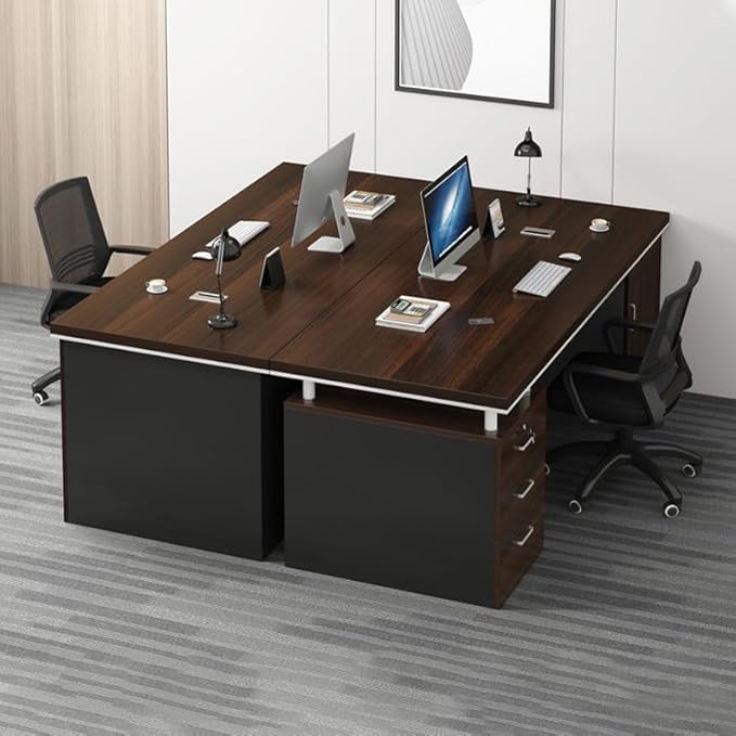 LITFAD Office Desk Modern Computer Desk Brown Wood Writing Desk with Black Sled Base Locking Drawer and Cabinet Home Office Furniture - Without Chairs 55 L x 24 W x 30 H