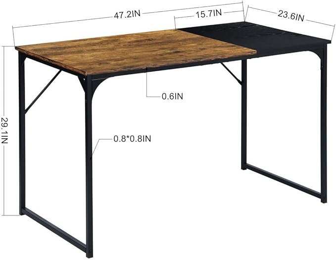 FurnitureR 47.2IN Vintage Computer Desk Modern Simple PC Laptop Table with Wood Top Metal Frame for Home Office Study Room Living Room Brown and Black