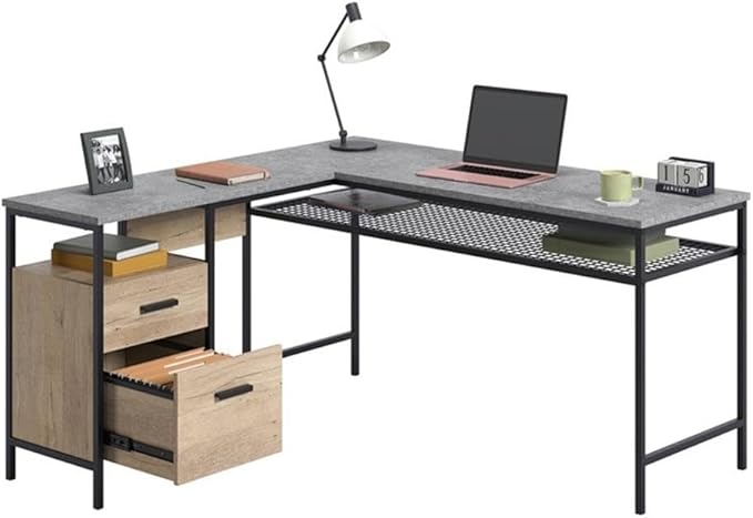 Pemberly Row L-Shaped Engineered Wood and Metal Desk Prime Oak Finish 55.91 in x 57.64 in x 30.59 in Storage Drawers Open Shelves Wire Mesh Shelf Home Office Computer Desk