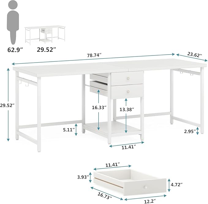 78 Two Person Computer Desk with Drawers Long Double Home Office Desk with with Storage Shelves Large Gaming Study Writing Table Workstation for Office (White-Drawers)