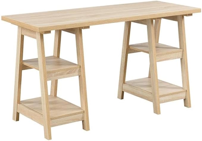 Pemberly Row Modern Double Trestle Desk Natural Wood Finish 54 in x 20 in x 29.5 in Particle Board and MDF Spacious Desktop with 4 Shelves Home Office Desk for Studying or Working from Home