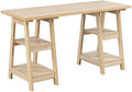 Pemberly Row Modern Double Trestle Desk Natural Wood Finish 54 in x 20 in x 29.5 in Particle Board and MDF Spacious Desktop with 4 Shelves Home Office Desk for Studying or Working from Home