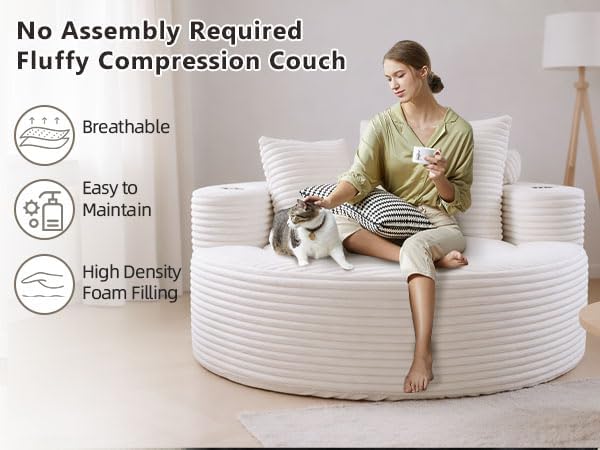 55 White Oversized Round Boneless Couch Sofa Velvet Memory Foam Cloud Couches Lounge Chair Comfy Fluffy Single Sofa with 3 Pillows for Living Room Bedroom No Assembly Required (White .)