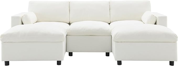 kevinplus 86.5'' Sectional Sofa Couch with Ottoman for Living Room Modern Contemporary 3-Seat Sectional Sofa Couch for Apartment Chenille Fabric Beige