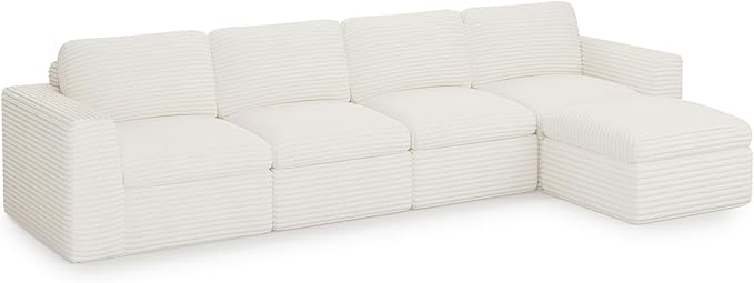 Boneless Sectional Cloud Couch with Deep Seat Plush Corduroy Modular Sectional Sofa Convertible L Shaped Couches for Living Room. White Sofa.