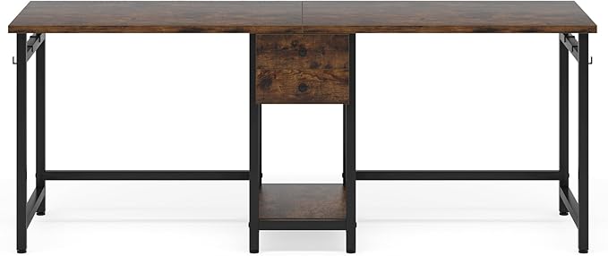 79 Inch Brown Two Person Desk with Drawers Extra Long Desk with Storage Shelves Double Home Office Desk with Hooks 2 Person Writing Study Table Workstation for Home Office