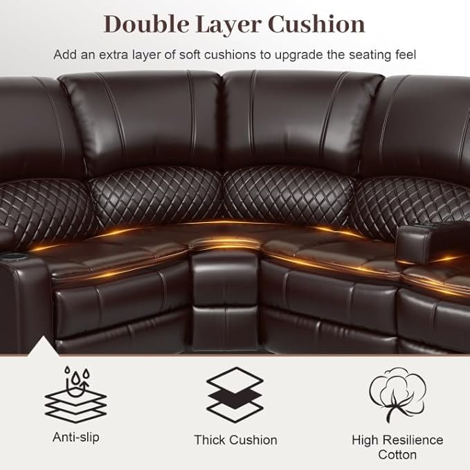 Manual Reclining Sectional Sofa Set 4 Seats Soft Leather Recliner Corner Sectional Couch Family-Sized L-Shaped Recliner Couch with USB Charging Thickened Padding Sturdy Frame Brown