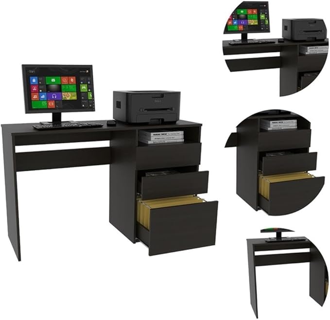 Pemberly Row Computer Desk 47.4 Wx17.1 Dx29.5 H Engineered Wood Black Finish 3 Drawer Design with Cubby Space Compact Modern Style Home Office Desk for Workspace Storage