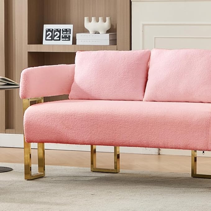 51 Comfy Loveset Sofa Pink Small Teddy Love Seat Sofa Bedroom Mini Couch Living Room Side Chair with Gold Metal Legs for Dressing Area Reception Room Office (Pink)
