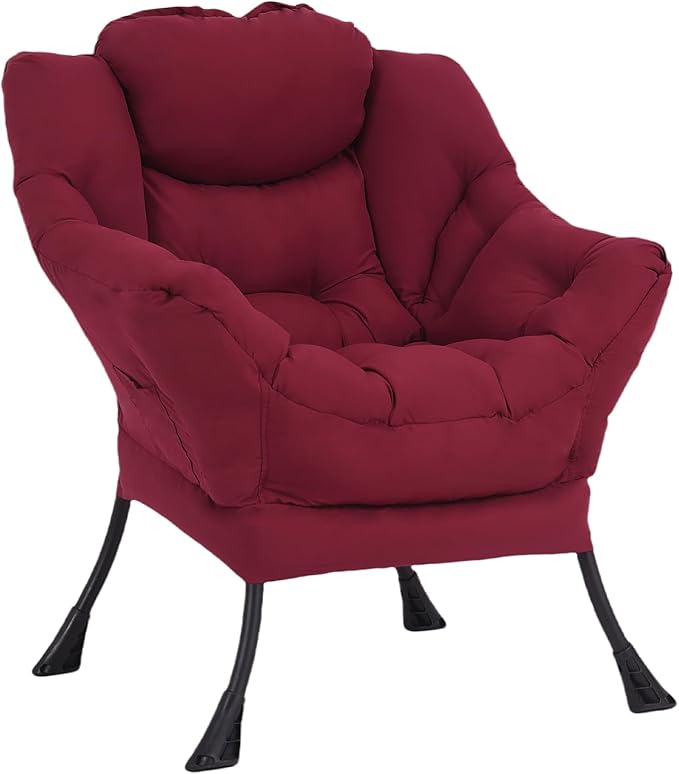 Welnow Lazy Chair for Living Room Modern Reading Accent Chair with Armrests and a Side Pocket Leisure Upholstered Lazy Sofa for Small Space Bedroom Dorm Burgundy