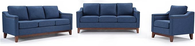 Modern 3 Piece Sofa Set with Rivets Included Chenille Accent Chair and Upholstered 3-Seater Couches Set of 2 with Solid Wood Legs Living Room Furniture SetBlue