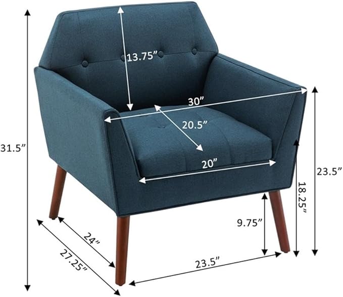 Pemberly Row Accent Chair Blue Polyester Fabric Solid Wood Legs with Espresso Finish 30 x 27.25 x 31.5 in. Button-Tufted Mid-Century Modern Design Living Room or Lounge Chair
