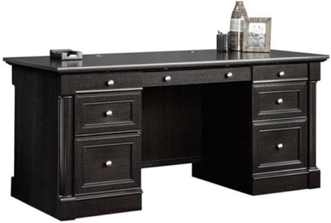 BOWERY HILL Executive Desk Wind Oak Finish 65.1 in Wide Spacious Desk Surface 6 Drawers with File Storage Cord Management System Durable Wood Home Office Desk for Workspace Organization