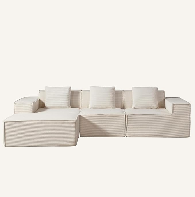 Harper Convertible Corduroy Sectional Couch with Ottoman &amp Pillows Modular L Shaped Sleeper Sofa Boneless Cloud Couch for Living Room Furniture Beige