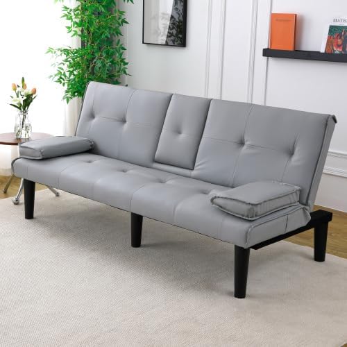Futon Sofa Bed Modern Folding Couch for Small Space Linen Convertible Loveseat Sleeper Bed Daybed Recliner Lounge Sofas for Living Room2 Cup HoldersMetal LegsRemovable Armrests (Light Gray)