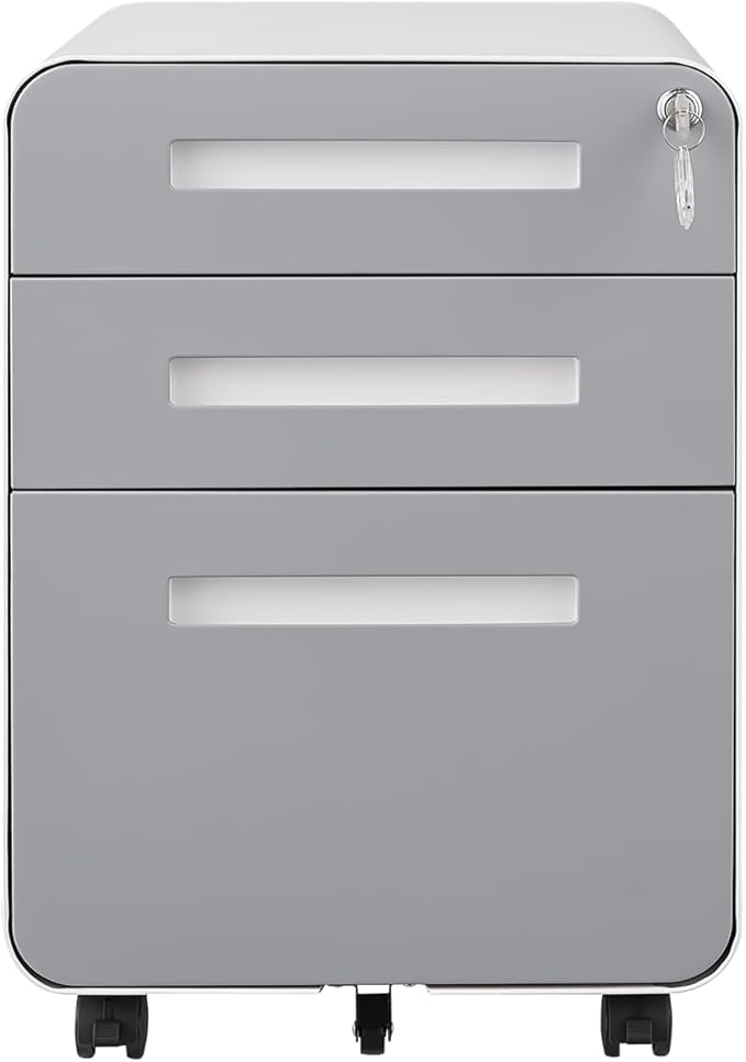 Office Pedestal File Cabinet: Lockable Compact Storage Solution for Home Office - Under Desk Cabinet with Removable Pencil Tray Hanging Bar and 5 Utility Wheels (White+Gray)