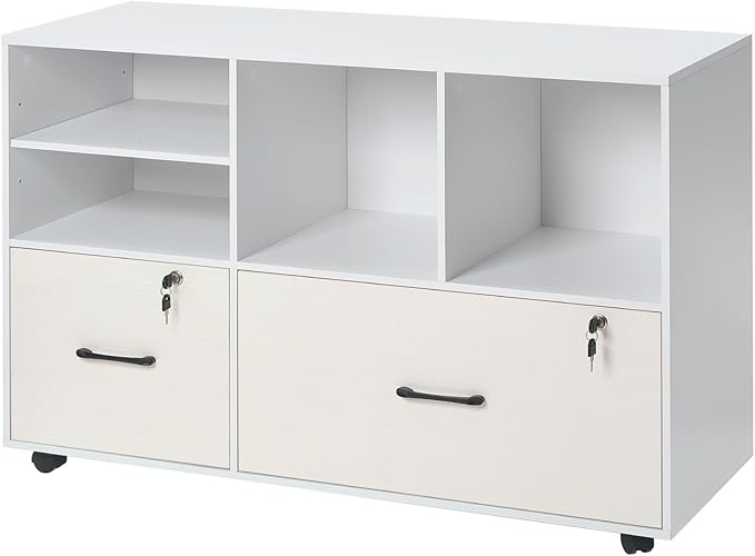 VEVOR 2 Drawer Wooden File Cabinet Mobile Filing Cabinet with Open Shelves Lockable Lateral Rolling File Storage with Adjustable Shelves Free Standing Printer Stand for Home Office School White