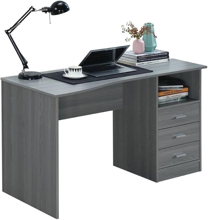 Pemberly Row Contemporary Writing Desk 51.25 in Wide Gray Finish Heavy-Duty Particle Board and Steel 3 Drawers Side Shelf Large Workstation or Drafting Table for Office or Home Use