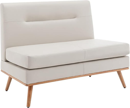 Aklaus Upholstered Small LoveseatFaux Leather Modern Mini Sofa Couch Love Seat Armless Settee Bench with Back for Living Room Bedroom Office Small Space Entryway Beige