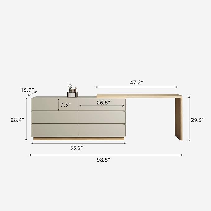 Mid - Century Modern Stretchable L-Shaped Desk with Drawers 56 to 98.5 Extendable Writing Desk with Storage for Home Office Bedroom &amp Living Room Beige