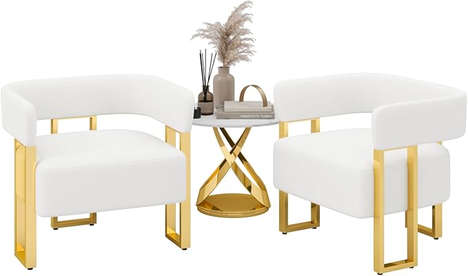 STHOUYN Modern White Accent Chair Set of 2 Boucle Barrel Chairs Set of 2 Arm Chairs for Living Room Bedroom (2 White)