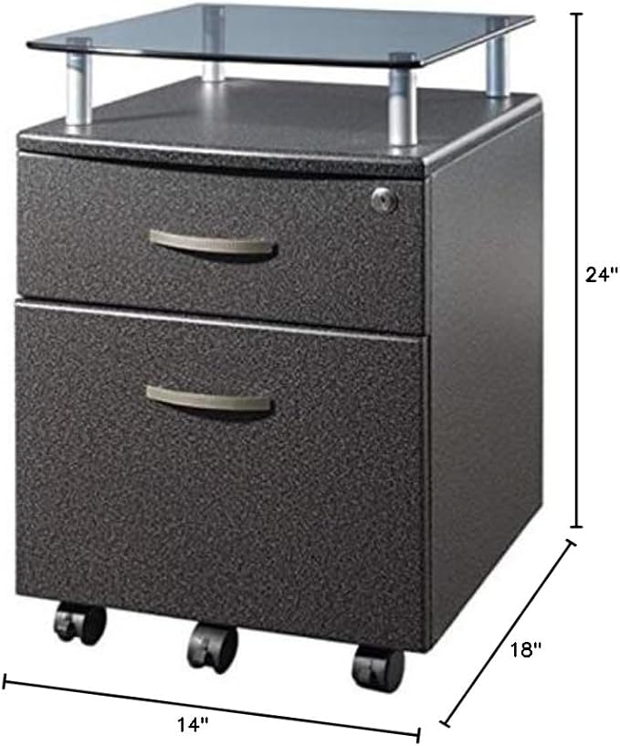 Scranton &amp Co 2 Drawer Wood Mobile File Cabinet Graphite Finish MDF with PVC Laminate Locking Top Drawer Lower File Drawer Glass Top with Steel Supports Carpet Casters 24 in H x 14 in W x 1