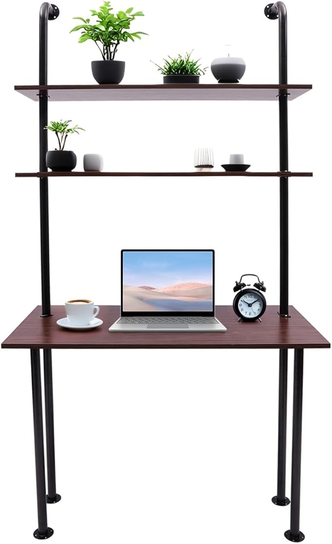 2-Shelf Industrial Wall Mount LadderWall Mount Computer Desk Writing DeskIndustrial Bookcase Desk with ShelvesFloating Desk with Storage Wall Table for Home Office Brown (20Dx30Wx72.7H)