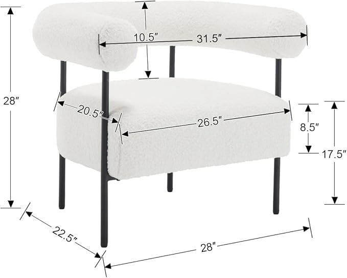 Modern Accent Chairs Set of 2 White Boucle Side Chairs with Curved Back Sherpa Barrel Vanity ChairsArmchairs with Black Metal Legs &amp Upholstered for Living Room Makeup Room