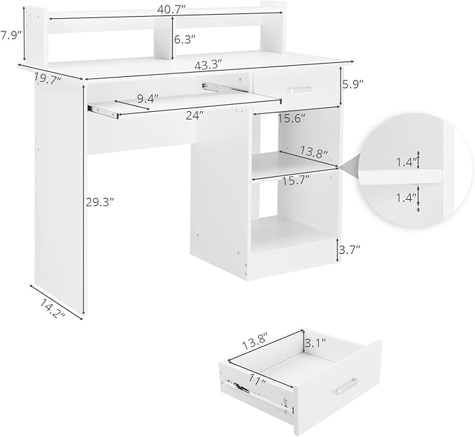 Karl home Computer Desk Study Writing Desk PC Laptop Table Wooden Home Office Workstation with Drawer Shelf Keyboard Tray White