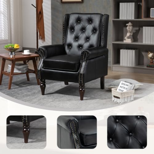 Brown Leather Accent Chair with High Back Vintage Tufted Wingback Chair with Arms &amp Rivet Upholstered Armchair &amp Single Sofa Chairs for Living Room Bedroom Office Apartment (Black)
