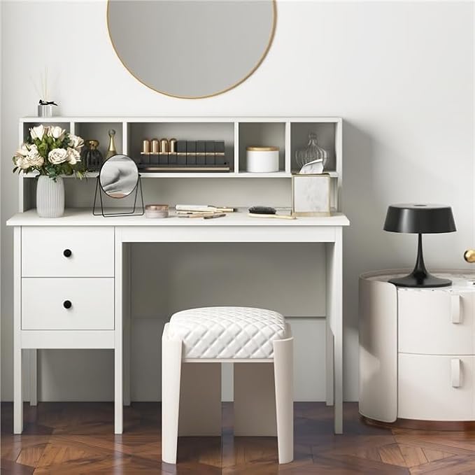LDAILY Modern Home Office Desk with Hutch Office Desk with USB Charging Ports and Power Outlets Computer Desk with 5 Storage Cubbies and 2 Drawers Writing Study Desk for Bedroom (White)
