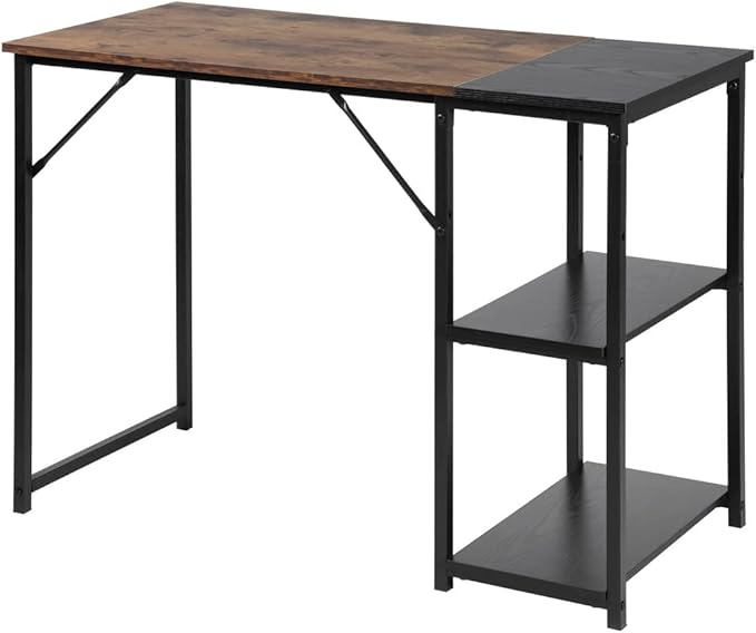 Black Brown Wood Top Contemporary Writing Table with 2 Storage Shelves for Home Office Study Computer Desk L39.3 x W18.9 x H29.1