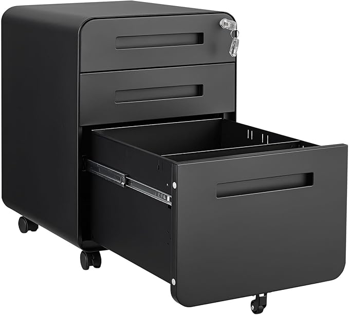 3 Drawer Mobile File Cabinet Under Desk Office Versatile Storage Cabinet for Legal/Letter/A4 Files 5 Wheel Design Anti-Tilting Cold Rolled Steel Lockable with Removable Pencil Tray (Black)